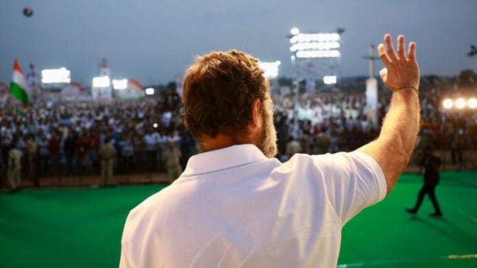 Congress leader Rahul Gandhi waves to his supporters while addressing a public meeting in Telangana | Photo: ANI
