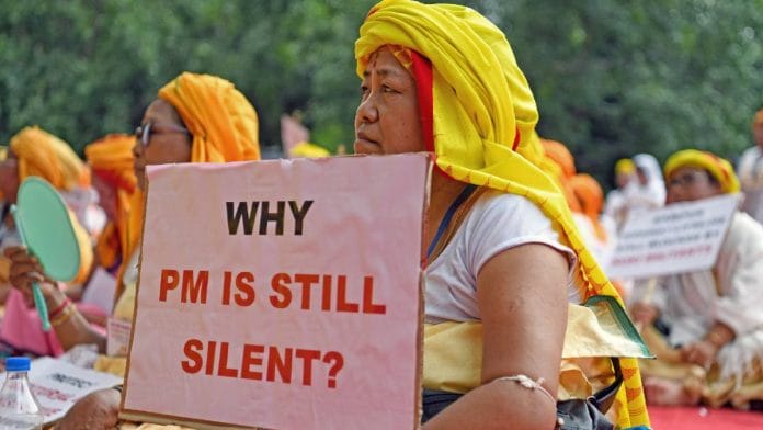 People from Manipur stage a protest at Delhi's Jantar Mantar Monday | Photo: ANI