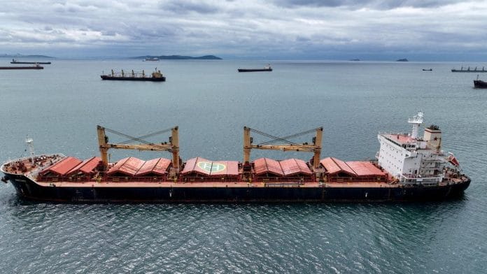 Amfitriti, a bulk carrier part of the Black Sea grain deal, and other commercial vessels wait to pass the Bosphorus strait off the shores of Yenikapi in Istanbul, Turkey | Reuters