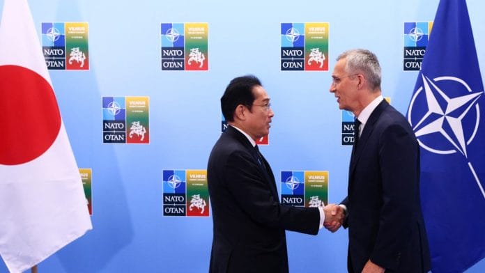 Japanese Prime Minister Fumio Kishida and NATO Secretary-General Jens Stoltenberg meet during a NATO summit in Vilnius, Lithuania | Reuters
