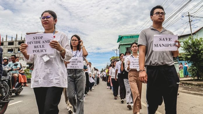 Members of the Manipur Students' Union stage a peace rally in an effort to bring about calm and normalcy due to the ongoing ethnic violence in the State, in Imphal | ANI