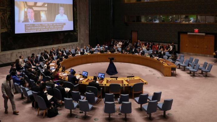 The UN Security Council holds a meeting on Artificial intelligence at U.N. headquarters in New York City, on 18 July 2023 | Reuters