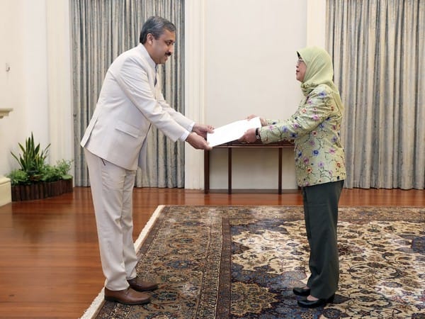 India's High Commissioner Ambule presents credentials to Singapore President