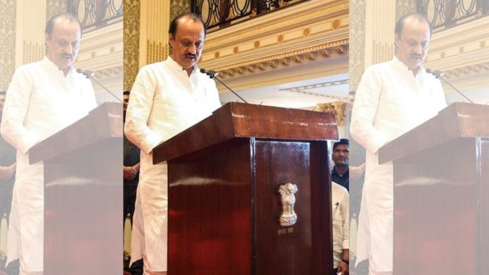 NCP leader Ajit Pawar takes oath as the second deputy Chief Minister of Maharashtra during the swearing-in ceremony at Raj Bhavan, in Mumbai on Sunday | ANI