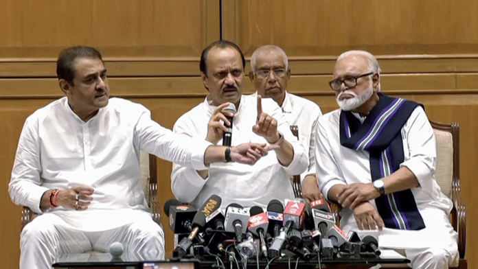 Newly sworn-in Maharashtra Deputy Chief Minister Ajit Pawar with newly sworn-in State Minister Chhagan Bhujbal and Nationalist Congress Party (NCP) Working President Praful Patel in Mumbai on Sunday | ANI