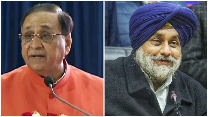 File photos of Punjab BJP in-charge Vijay Rupani (L) and SAD chief Sukhbir Singh Badal