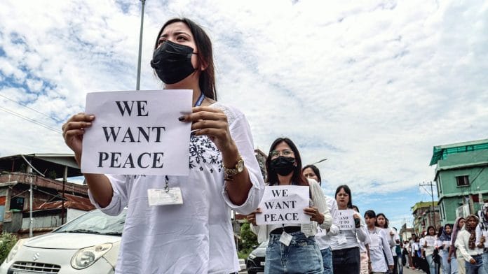 Manipur students' union stage a demonstration against the ongoing ethnic violence in Imphal, on 24 July 2023 | ANI photo