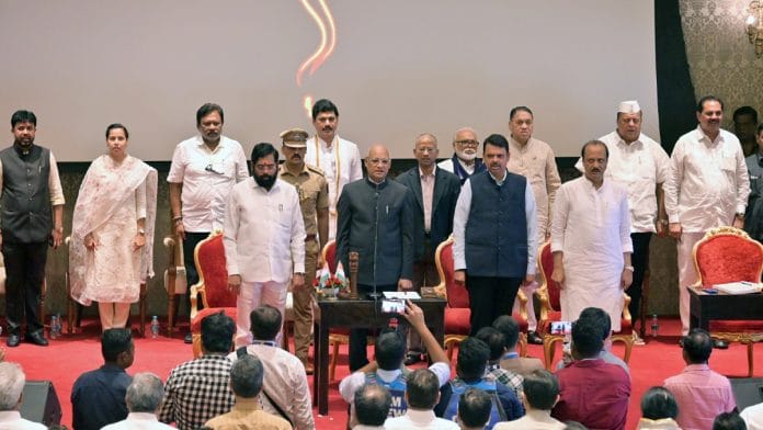 Maharashtra Governor Ramesh Bais with CM Eknath Shinde and Deputy CM Devendra Fadnavis during the swearing-in ceremony of NCP leader Ajit Pawar & 8 MLAs at Raj Bhavan in Mumbai Sunday | ANI