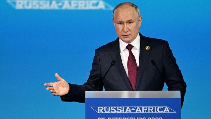Russian President Vladimir Putin speaks at a session of the Russia-Africa summit in Saint Petersburg, Russia, July 27, 2023/Reuters