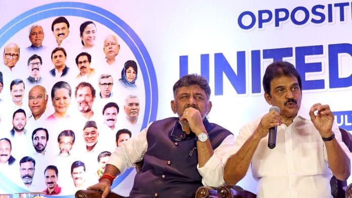 KC Venugopal of Congress and Karnataka Deputy CM DK Shivakumar addressing press conference in Bengaluru, Monday | ANI