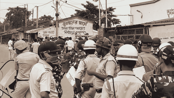 File photo of police and paramilitary personnel at Ahmadpur in Birbhum where violence had erupted on the last day of nomination for West Bengal panchayat polls | ANI