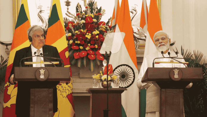 Prime Minister Narendra Modi (right) and and visiting Sri Lankan President Ranil Wickremesinghe addressing a press conference at Hyderabad House, New Delhi | Praveen Jain | ThePrint