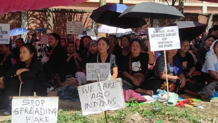 Kuki women in Churachandpur protesting outside the district administration office in June (Photo credit: Sonal Matharu)