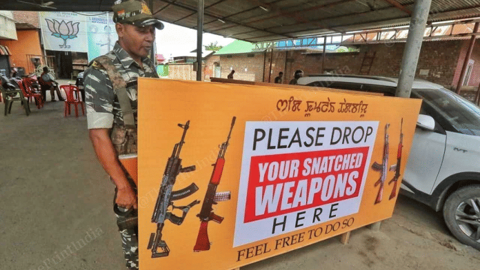 The box with a banner urging civilians to surrender looted firearms in Imphal’s Khurai village | Praveen Jain | ThePrint