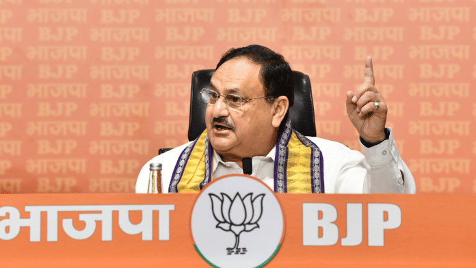 BJP chief J P Nadda addresses the media at party headquarters in New Delhi | Twitter | @JPNadda
