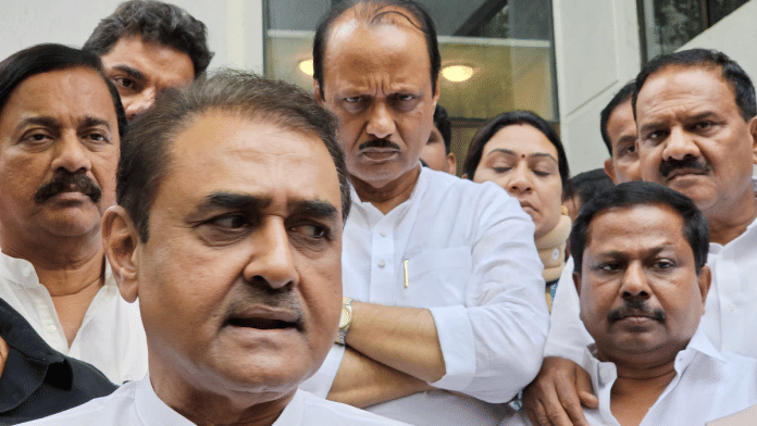 Maharashtra Deputy Chief Minister Ajit Pawar (centre) with NCP state chief Sunil Tatkare (left) and party leader Praful Patel after meeting Sharad Pawar in Mumbai on Monday | ANI