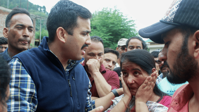 Himachal Pradesh Public Works Department (PWD) Minister Vikramaditya Singh during his visit to the flood-affected areas of Kullu on Thursday | ANI