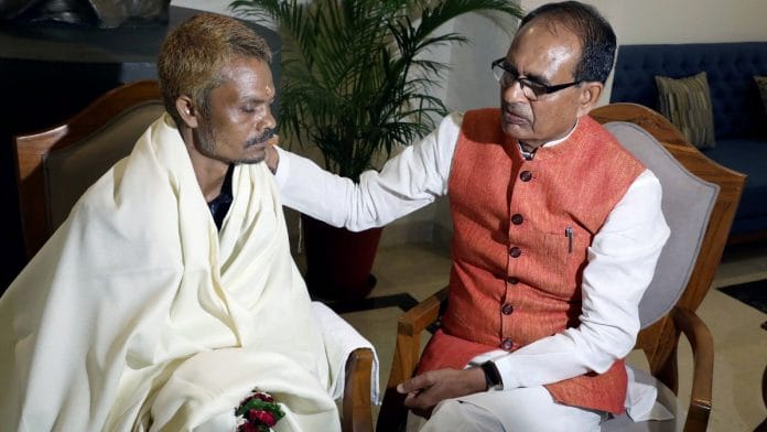 File photo of Madhya Pradesh CM Shivraj Singh Chouhan with Dashmat Rawat at his residence in Bhopal | ANI