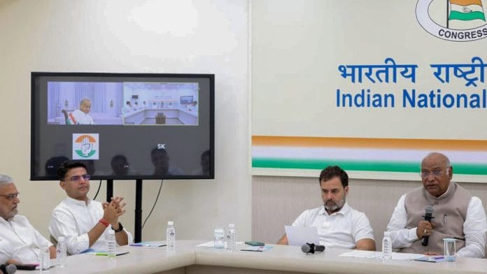 Congress president Mallikarjun Kharge and Rahul Gandhi chair a meeting with Rajasthan party leaders to discuss preparations for elections in the state, at the party headquarters, in New Delhi | ANI