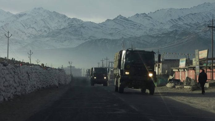 Representational image of an Indian Army convoy moving through Ladakh | Photo: ANI