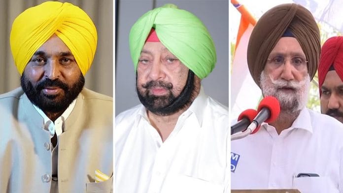 Bhagwant Mann (left), Amarinder Singh and Sukhjinder Randhawa | Wikipedia/ ThePrint /ANI