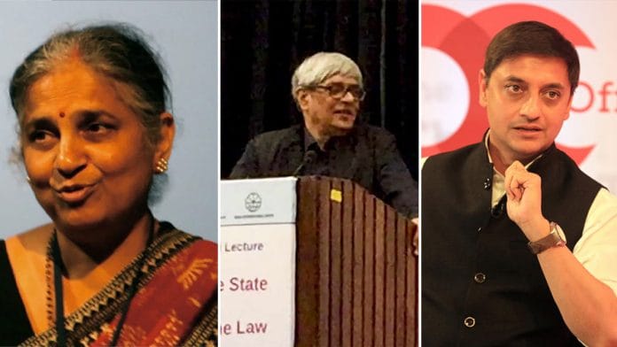 Sudha Murty, Bibek Debroy and Sanjeev Sanyal | Photos: Commons/ThePrint