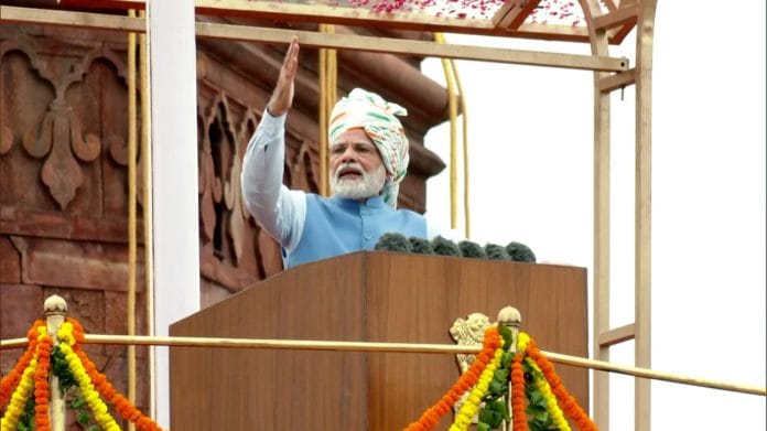Prime Minister Narendra Modi addresses the nation from the ramparts of the Red Fort on the occasion of the 77th Independence Day, in Delhi on Monday | ANI