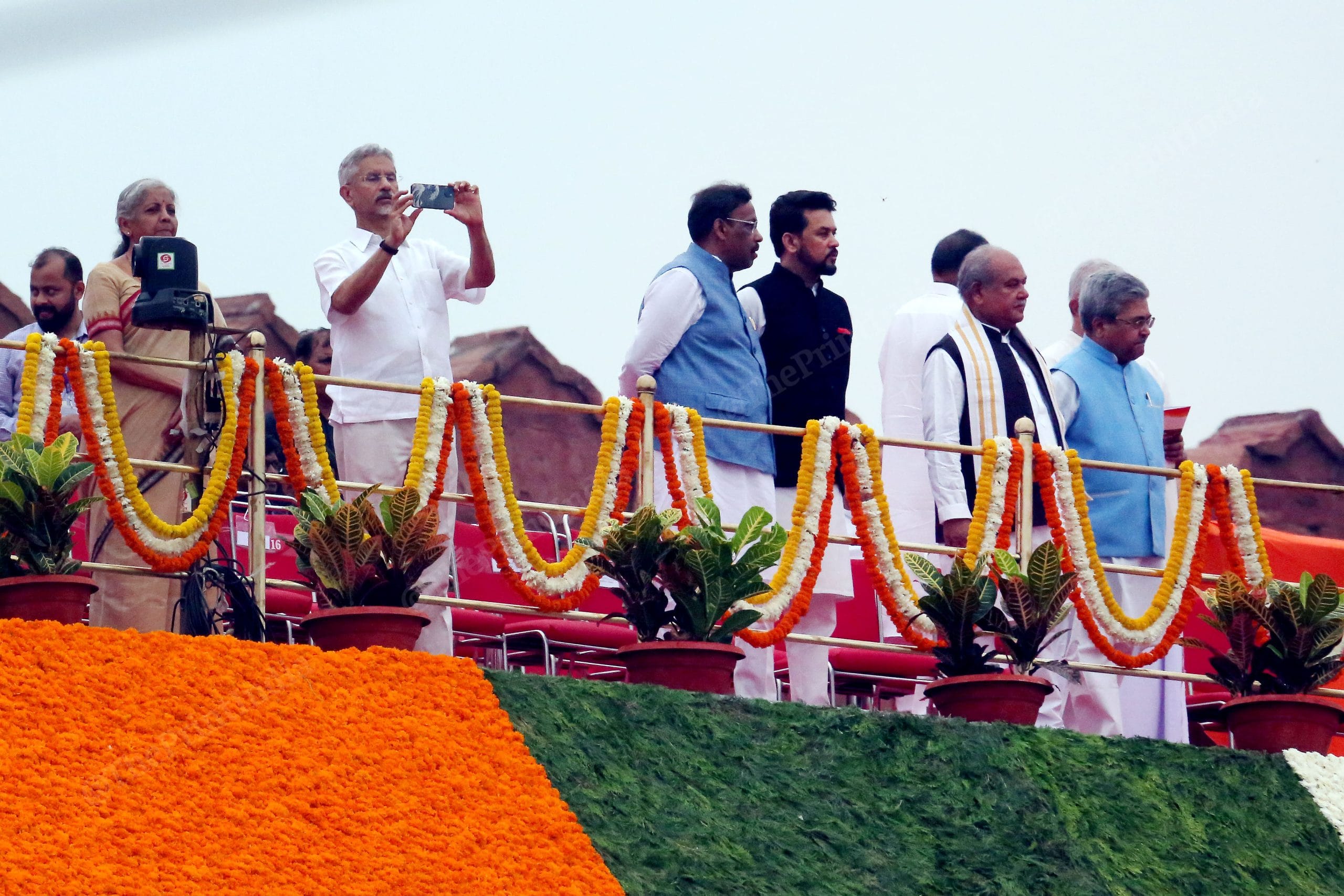 Minister of External Affairs S. Jaishankar with Foreign Minister Nirmala Sitharaman clicking pictures during the 77th Independence Day at Red Fort | Photo: Praveen Jain | ThePrint