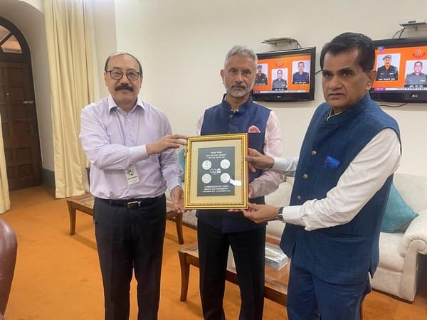 Amitabh Kant, Harsh V Shringla present G20 commemorative postage stamps and coins to EAM Jaishankar