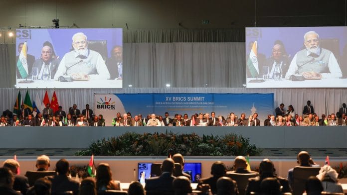 PM Modi with leaders of BRICS during press interaction in Johannesburg, Thursday | Twitter @MEAIndia