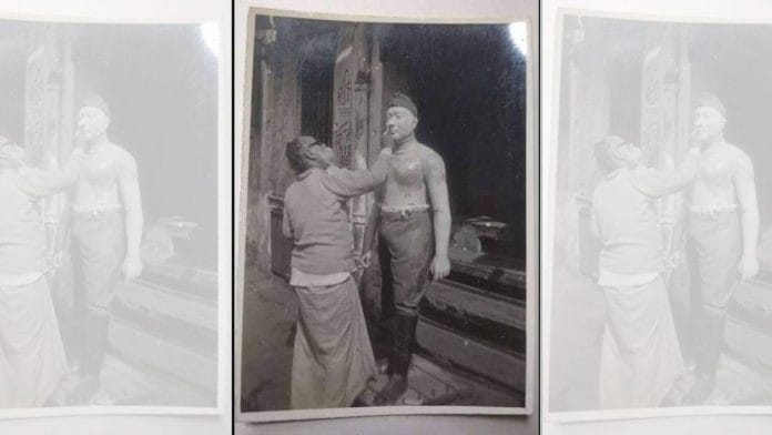 A photograph from a family album of Gopal Patha sculpting a statue of Subhas Chandra Bose | Courtesy Santanu Mukherjee