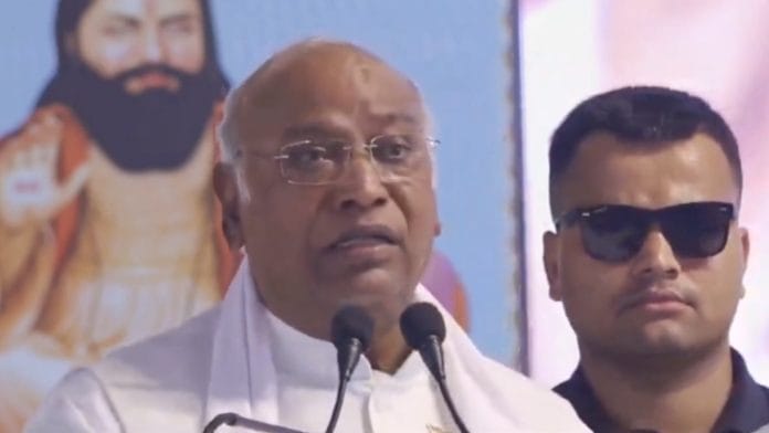 Congress president Mallikarjun Kharge addressing ‘Jan Akrosh rally’ in Sagar, Madhya Pradesh, Tuesday | X @kharge