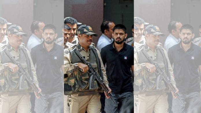 File photo of gangster Lawrence Bishnoi at the Patiala House Court in New Delhi earlier in April | ANI
