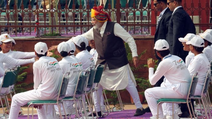 Prime Minister Narendra Modi meets NCC cadets after his address to the nation from the historic Red Fort on the occasion of the 77th Independence Day. | Photo: Praveen Jain | ThePrint