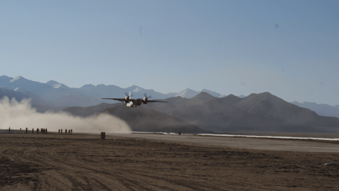 An IAF An-32 aircraft on its inaugral landing at the Nyoma airfield in 2009 | By special arrangement