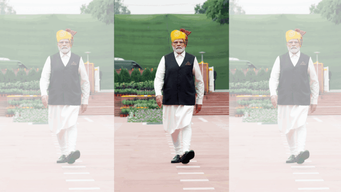 PM Narendra Modi at Mahatma Gandhi samadhi to pay floral tributes on the 77th Independence Day, at Raj Ghat in New Delhi | ANI