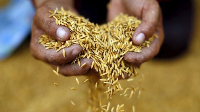 A rice mill worker holds up rice fallen onto the ground in Udon Thani, Thailand | Reuters file photo