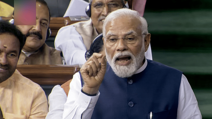 Prime Minister Narendra Modi addresses Lok Sabha during a debate on the 'Motion of No-Confidence' during the Monsoon Session of Parliament in New Delhi | ANI