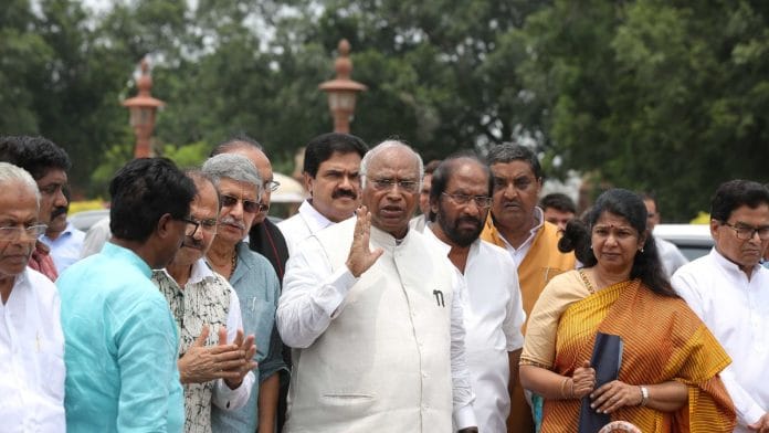 Leaders of the INDIA alliance address the media after their meeting with President Droupadi Murmu at the Rashtrapati Bhavan on the Manipur situation | ThePrint photo by Suraj Singh Bisht