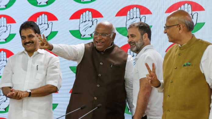 Congress general secretary, organisation, K.C. Venugopal, party national president Mallikarjun Kharge, party leader Rahul Gandhi and Rajya Sabha MP Abhishek Manu Singhvi at a press conference Friday in New Delhi | Suraj Singh Bisht | ThePrint