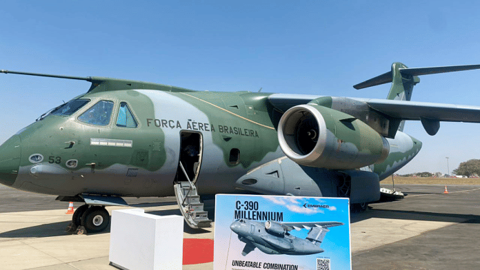 File photo of Brazil’s Embraer C-390 Millennium transport aircraft at Aero India 2023 | ANI