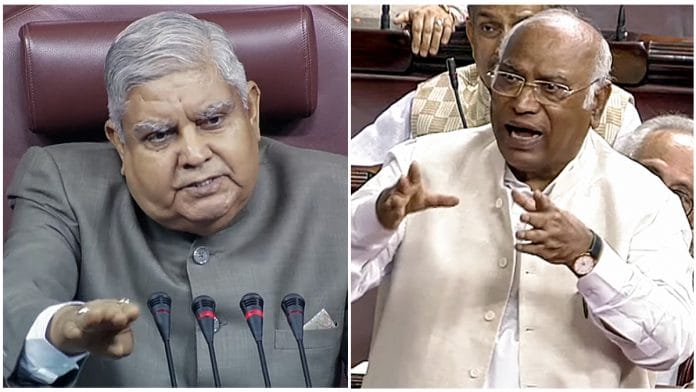 File photos of V-P Jagdeep Dhankhar (L) and Congress president Mallikarjun Kharge (R) | ANI