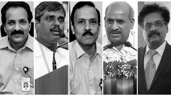 (From left to right) ISRO chairman S Somanath, Chandrayaan-3 project director P Veeramuthuvel, Vikram Sarabhai Space Centre director S Unnikrishnan Nair, U R Rao Satellite Centre director M Sankaran, and Satish Dhawan Space Centre SHAR director A Rajarajan | Pic courtesy: PTI/VSSC/URSC/Twitter