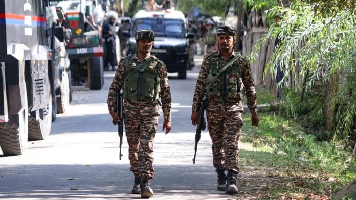 Security personnel during the search operation for terrorists in the forest area of Gadole, Kokernag in Anantnag district on 16 September | ANI
