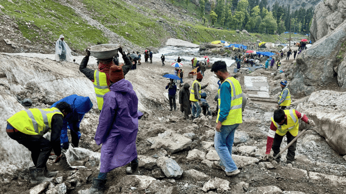 File photo of the restoration work of Amarnath Yatra tracks by Border Road Organisation (BRO) at Pahalgam in Anantnag | Representational image | ANI