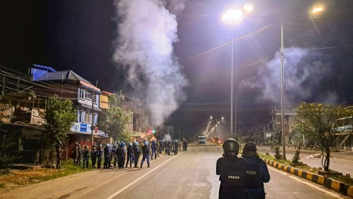 RAF and CRPF personnel guard after a mob tried to attack the ancestral house of Manipur CM Biren Singh at Heingang in Imphal East district | PTI