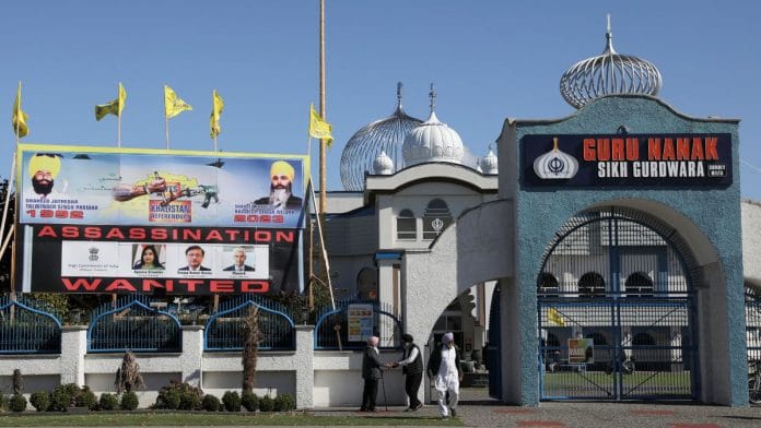 A sign outside the Guru Nanak Sikh Gurdwara temple is seen after the killing on its grounds in June 2023 of Sikh leader Hardeep Singh Nijjar, in Surrey, British Columbia, Canada | Reuters