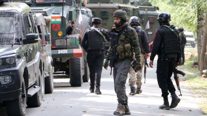 Security personnel at Kokernag in Anantnag amid encounter with terrorists, Thursday | ANI