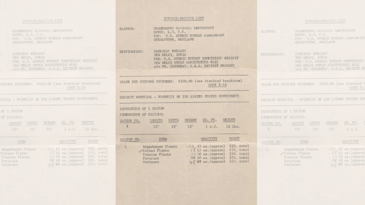 Invoice for snapdragon plants, coleus plants, tomato plants, petunias and verbenas amounting to $100. These were shipped from the Brookhaven National Laboratory in US for 1st World Agriculture Fair held on held 11 Dec.1959 to 11 March 1960 at New Delhi. The fair was inaugurated by Dr.Rajendra Prasad, President of India, with Dwight D. Eisenhower, President of USA, and Pandit Jawaharlal Nehru, Prime Minister of India | Laboratory Notebook, Indian Agricultural Research Institute, 1960 (MS-007-1-1-1-1) | From Archives at NCBS