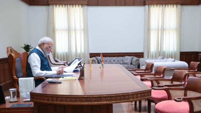 Prime Minister Narendra Modi at the new Parliament building | Image via WhatsApp Channels/Narendra Modi